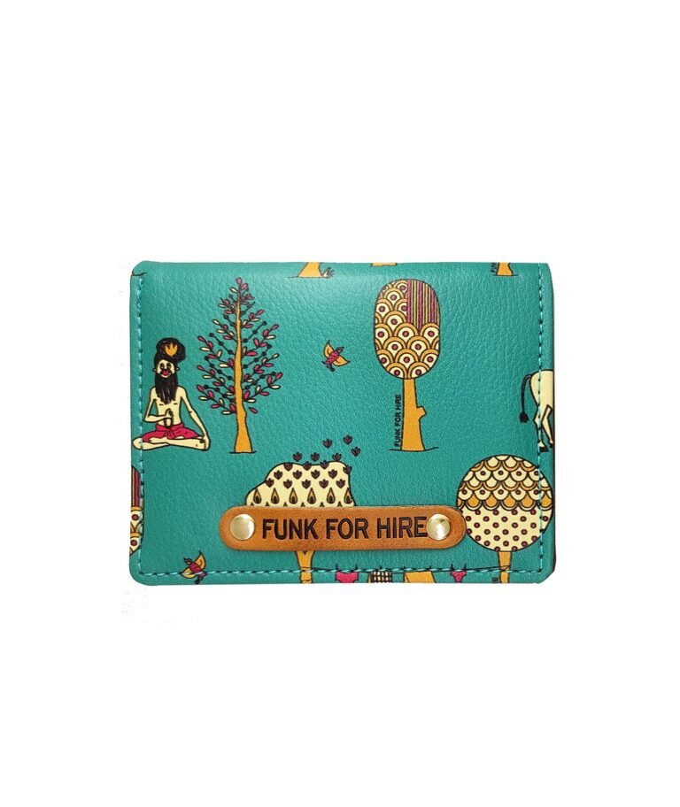 Funk For Hire Teal Graphic Printed Leatherette Card Holder Wallet – Unisex, 6 Card Slots, Coin Pouch, Compact Bifold Design, Lightweight, Made in India
