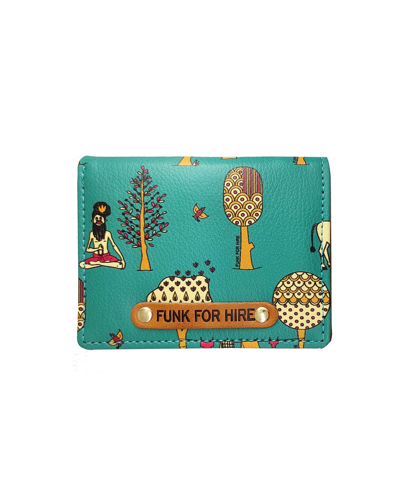 Funk For Hire Teal Graphic Printed Leatherette Card Holder Wallet – Unisex, 6 Card Slots, Coin Pouch, Compact Bifold Design, Lightweight, Made in India