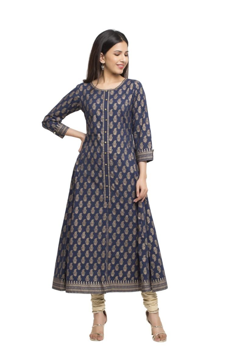 Yash Gallery Women’s Cotton Relaxed Fit Anarkali Plus Size Gold Printed Kurta