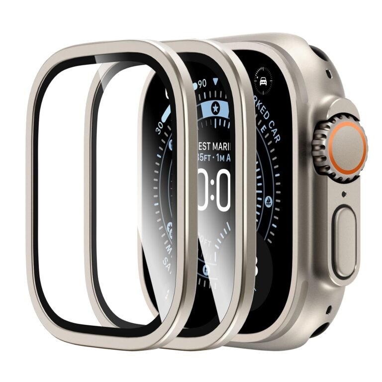 L K L?K 2 Pack for Apple Watch Ultra 2 / Ultra Screen Protector 49mm – 9H Tempered Glass + Titanium Alloy Frame [Stay Original] Waterproof HD Glass Film for iWatch Ultra 49mm, Titanium