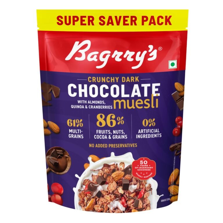 Bagrry’s Crunchy Dark Chocolate Muesli with Almonds, Quinoa & Cranberries- 700g | Belgian Dark Chocolate Muesli | 86% Fruits, Nuts, Cocoa & Grains | 61% Multi-grains | 0% Artificial Ingredients, No Added Preservatives | High Fibre Breakfast Cereal