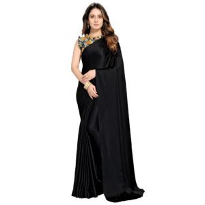women’s Soft Satin Silk Plain Saree With Art Silk Digital Printed Unstiched Designer Blouse
