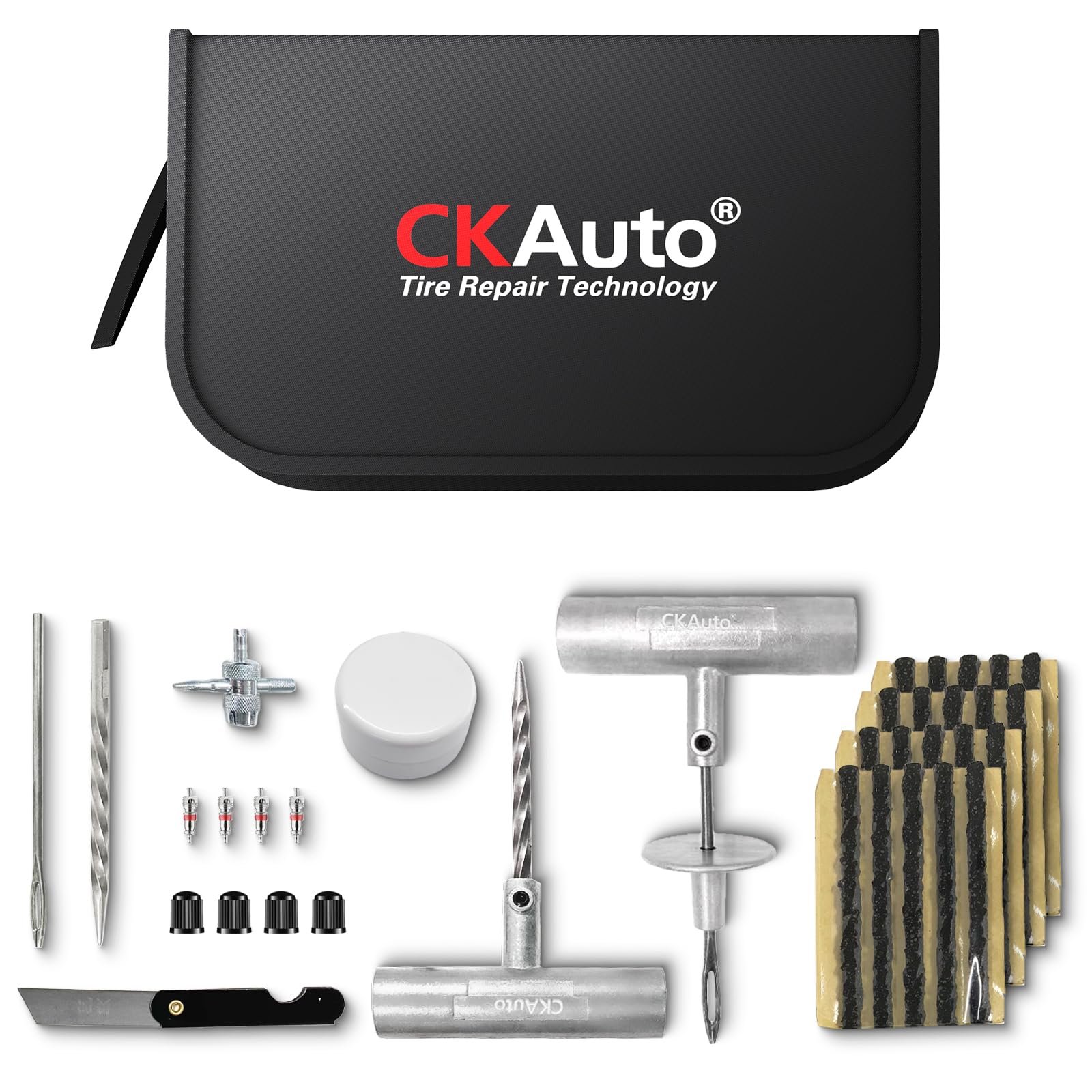 CKAuto Universal Tire Repair Kit, Heavy Duty Car Emergency Tool Kit for Flat Tire Puncture Repair, 36 Pcs Value Pack, Tire Plug Kit fit for Autos, Cars, Motorcycles, Trucks, RVs, etc.