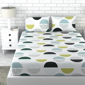 LORETO – A QUALITY LINEN BRAND 100% Cotton King Size Bedsheet with 2 Pillow Covers – Soft & Breathable 144 TC Fabric, Perfect for King Beds, Hawaiian Blue and Pale Yellow Circle