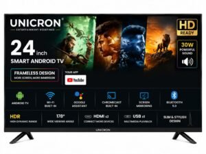 UNICRON 24 inch smart tv Android Frameless HD LED TV | WiFi Enabled | Built-in Apps Compatible (YouTube, Netflix, Prime Video) | HDMI, USB Connectivity | Screenmirror | Slim & Stylish |