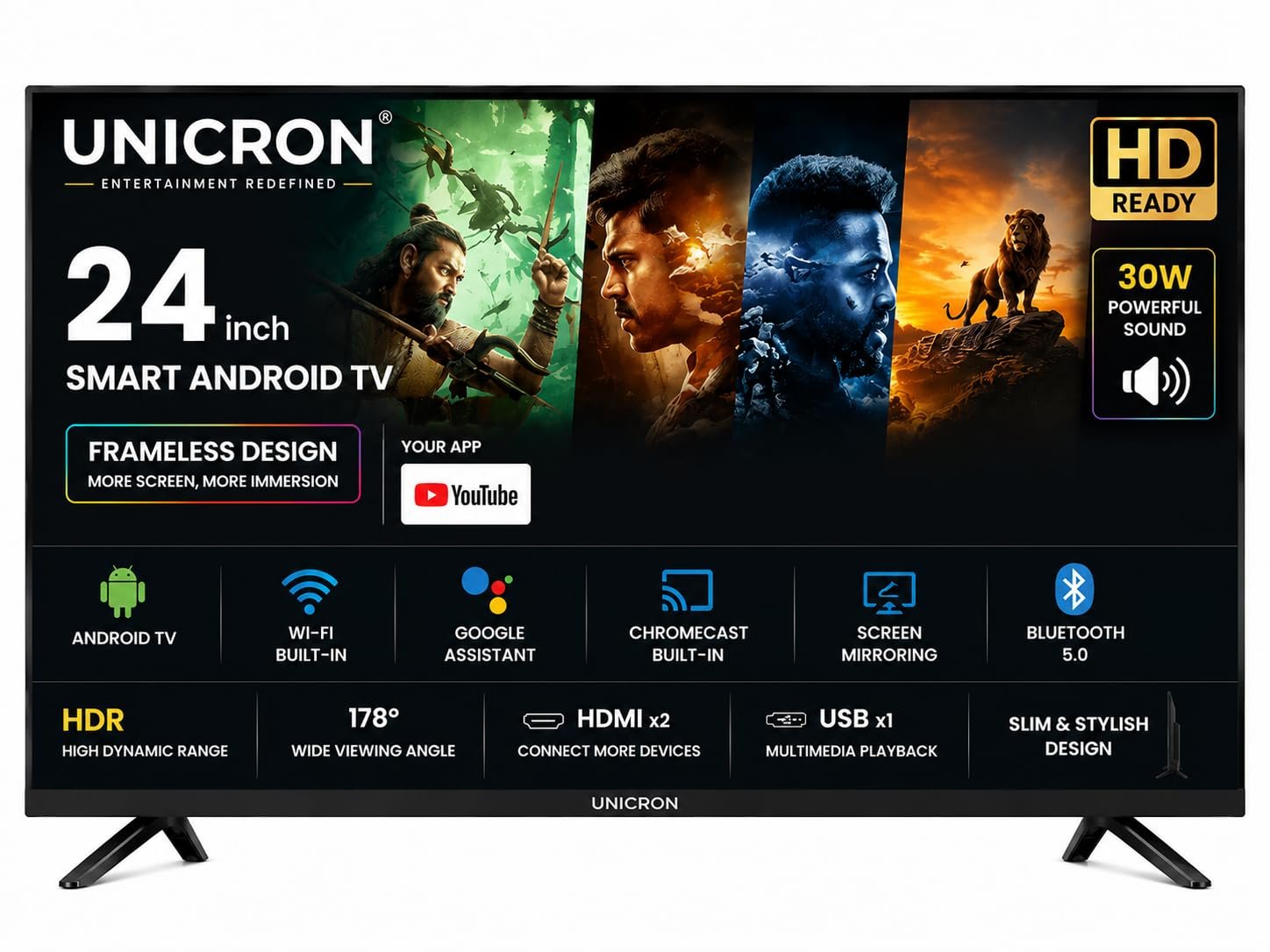 UNICRON 24 inch smart tv Android Frameless HD LED TV | WiFi Enabled | Built-in Apps Compatible (YouTube, Netflix, Prime Video) | HDMI, USB Connectivity | Screenmirror | Slim & Stylish |