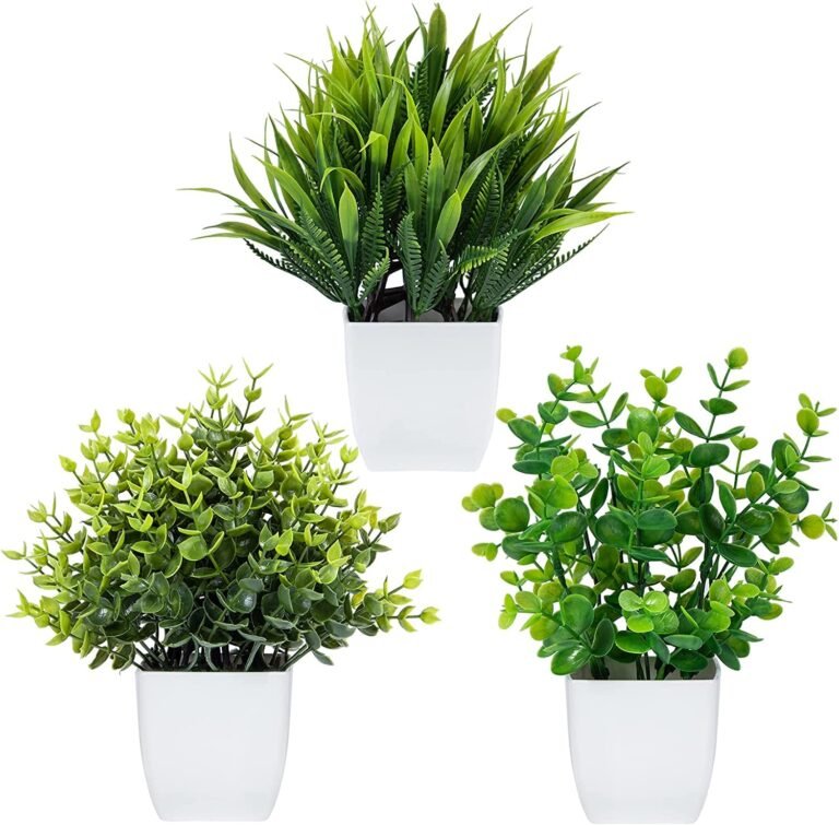 Dekorly Artificial Potted Plants, Artificial Plastic Eucalyptus Plants Small Indoor Potted Houseplants, Small Faux Plants for Home Decor Bathroom Office Farmhouse (Set 0F 3)