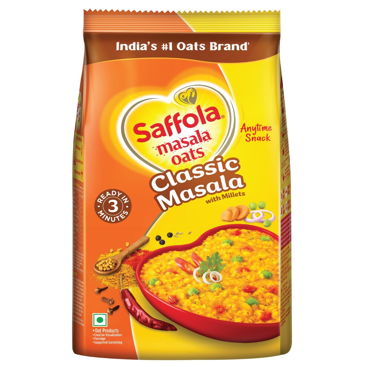 Saffola Masala Oats Classic Masala | 550g ​| Tasty, Anytime Snack | Ready in 3 mins | Millets Goodness- with Bajra & Jowar | No maida , No added preservatives | helps manage weight