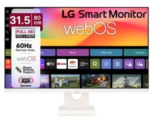 LG Smart Monitor 80cm (32 in) w/webOS Platform for Smart TV Experience, FHD 1920×1080, IPS, HDR10, Bluetooth, Screen Mirroring, Built-in Channels, ThinQ, 5Wx2 Speakers, HDMIx2, USB, 32SR50F, White