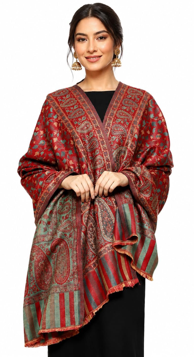 Weavers Villa Kani Poly Wool Shawl for Women Soft Warm Winter Stole with Traditional Kani Design, Elegant Ethnic Wrap for Wedding, Festive, Casual & Gifting Use, 100 x 200 cm