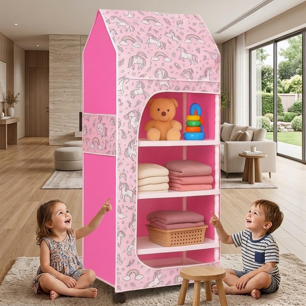 YouCopia Baby Wardrobe Plastic Kids Storage Rack with Fabric Cover & Wheels | 6-Tier Plastic Shelves Organizer | Toy, Book & piceLiner Spice Drawer Liner, Kids Room (Unicorn)