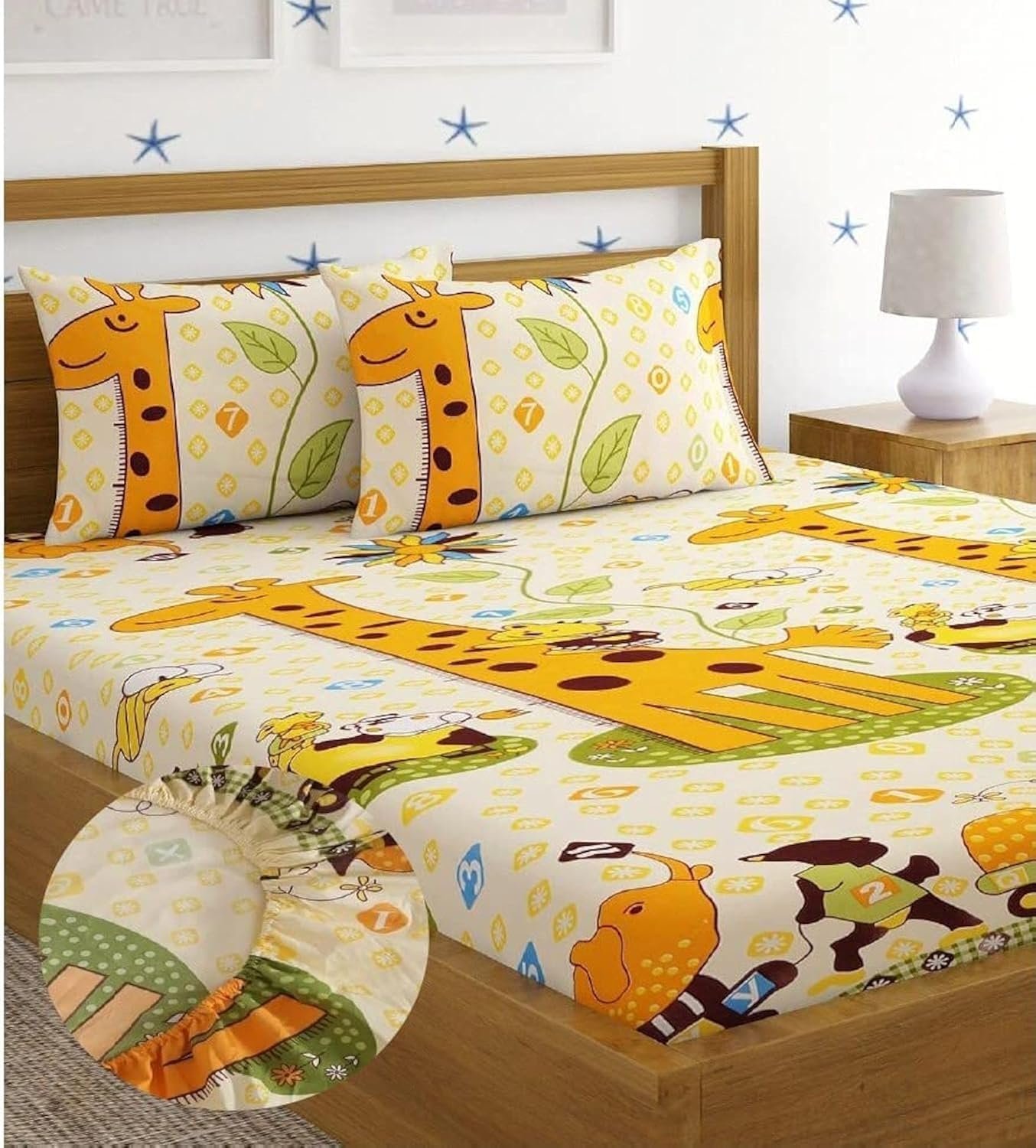 Home Sizzler 144 TC Microfibre Kid’s Giraffe Elastic Fitted Double Bedsheet (72X78 inch) with 2 King Size Pillow Covers, Yellow ¦, 144-200 tc