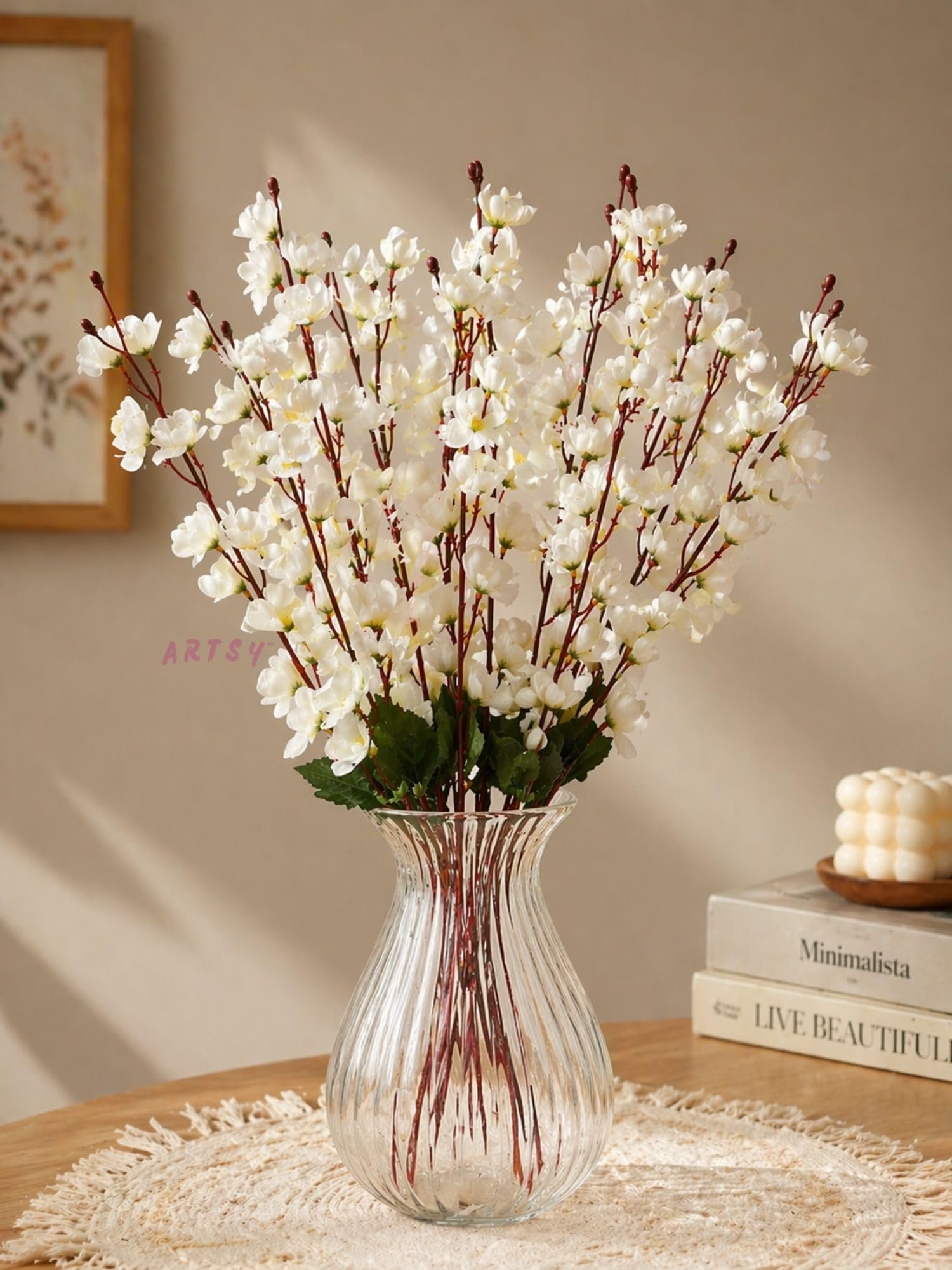 ARTSY® Artificial Flowers Bunch for Decoration Cherry Blossom, Ideal for vase, Home, Office Decor, Gifts, Craft, Without vase, White, Combo, 2 Piece, 55 cm Height,Polyester |