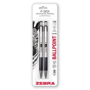 Zebra Pen F-301 Ballpoint Stainless Steel Retractable Pen, Fine Point, 0.7mm, Black Ink, 2-Count