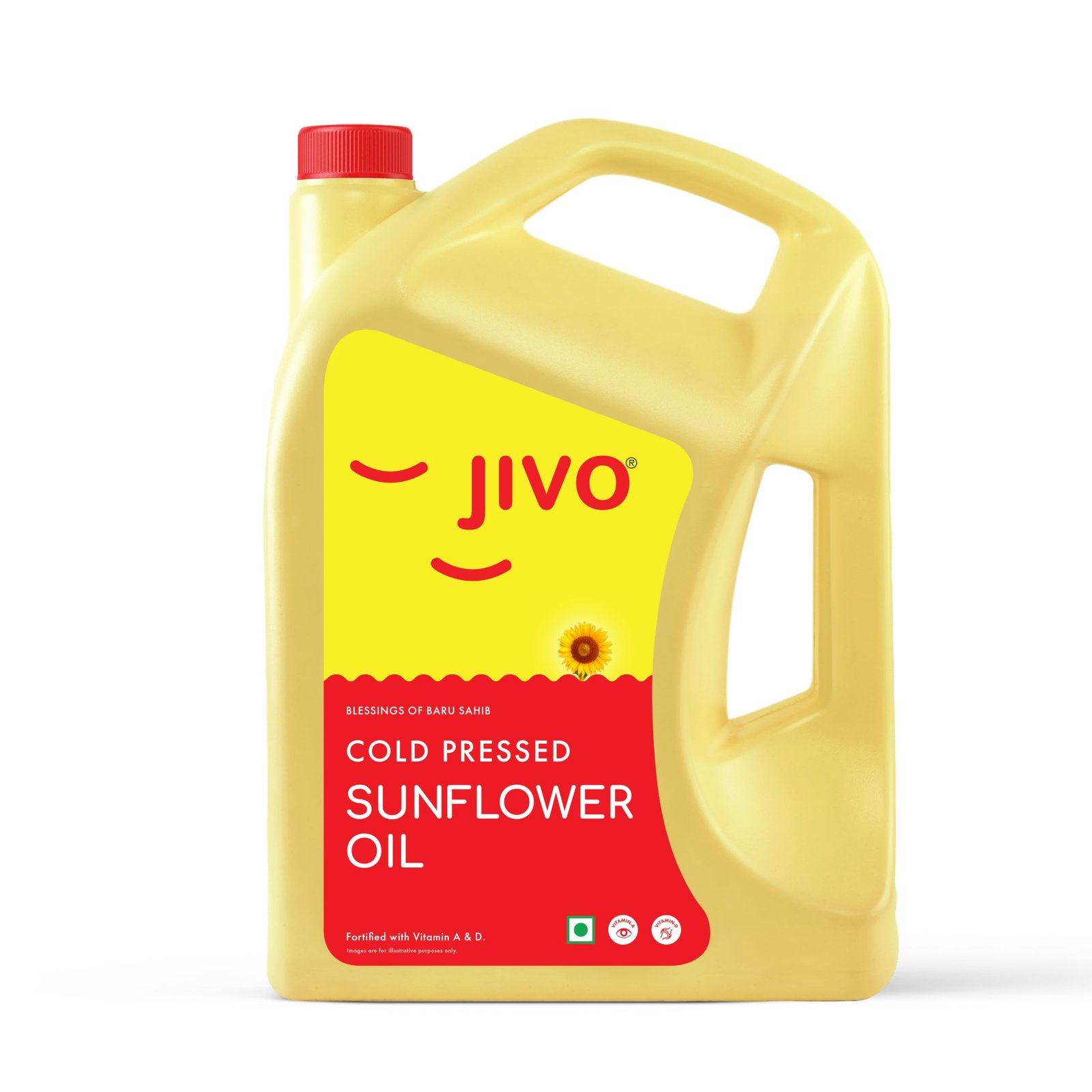 Jivo Cold Pressed Sunflower Oil 5 Litre | High in Polyunsaturated Fats | Vitamin A and D Fortified | Cholesterol Free Edible Oil | Ideal for Roasting, Frying, Baking, and All Types of Cuisines
