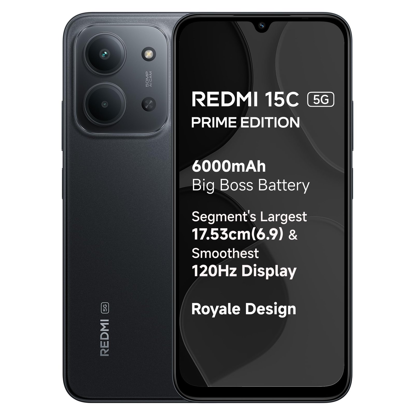 Redmi 15C 5G Prime Edition (Midnight Black, 6GB + 128GB) | Massive 6000mAh Battery | Segment’s Largest 17.53cm Display Up to 120Hz | MediaTek Dimensity 6300 | 33W Fast Charging | 50MP AI Dual Camera