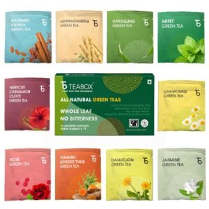 Teabox Wellness Assorted Flavoured Green Tea Bags | 100 Bags, 10 Flavors x 10 Each | Whole Leaf, 0% Bitterness | Variety Flavours for Every Mood