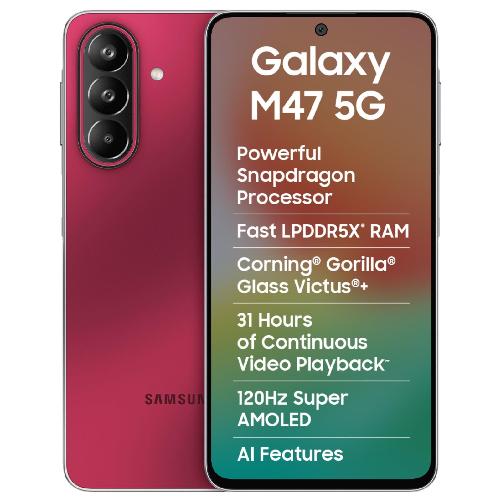 Samsung Galaxy M47 5G Mobile (Rogue Red, 6GB RAM, 128GB Storage, 6000mAh Battery)| 50MP OIS| Snapdragon Processor| LPDDR5X RAM,UFS 3.1 Storage| Gorilla Glass Victus+| sAMOLED| Knox Security| AI