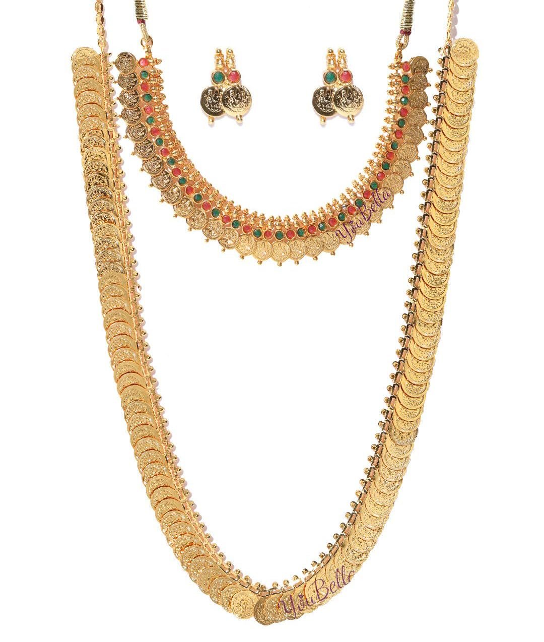 YouBella Jewellery set for women Gold Plated Long Traditional Coin Necklace set and Red Green Choker necklace Jewellery Set with Earrings for Girls and Women
