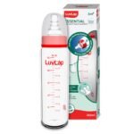 LuvLap Essential Slim Neck Glass Feeding Bottle, 250Ml, 3M+/Babies Upto 3 Years, Made of Borosilicate Glass, Bpa Free, Ergonomic Shape is with Anti Colic Nipple, Pack of 1, White & Red