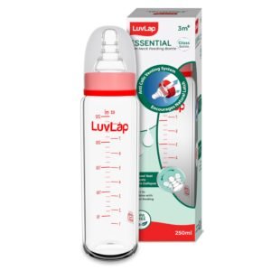LuvLap Essential Slim Neck Glass Feeding Bottle, 250Ml, 3M+/Babies Upto 3 Years, Made of Borosilicate Glass, Bpa Free, Ergonomic Shape is with Anti Colic Nipple, Pack of 1, White & Red