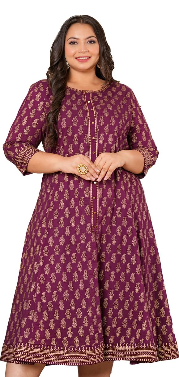 Yash Gallery Women’s Cotton Relaxed Fit Anarkali Plus Size Gold Printed Kurta