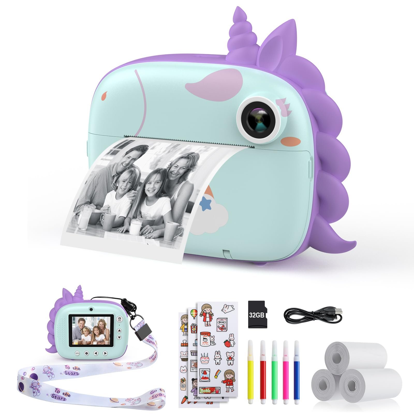 HiMont Kids Instant Print Camera, Selfie Digital Camera for Kids With Print Paper & 32G Card, 2.5K Video, Color Pens for DIY, Fun Gift for Girls Boys 3-12 Years Old (Green)