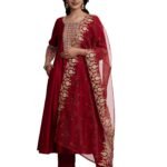 Amazon Brand – Myx Women’s Embroidered Anarkali Kurta Suit Set with Organza Dupatta | A-Line Fit (Available in Plus Sizes)