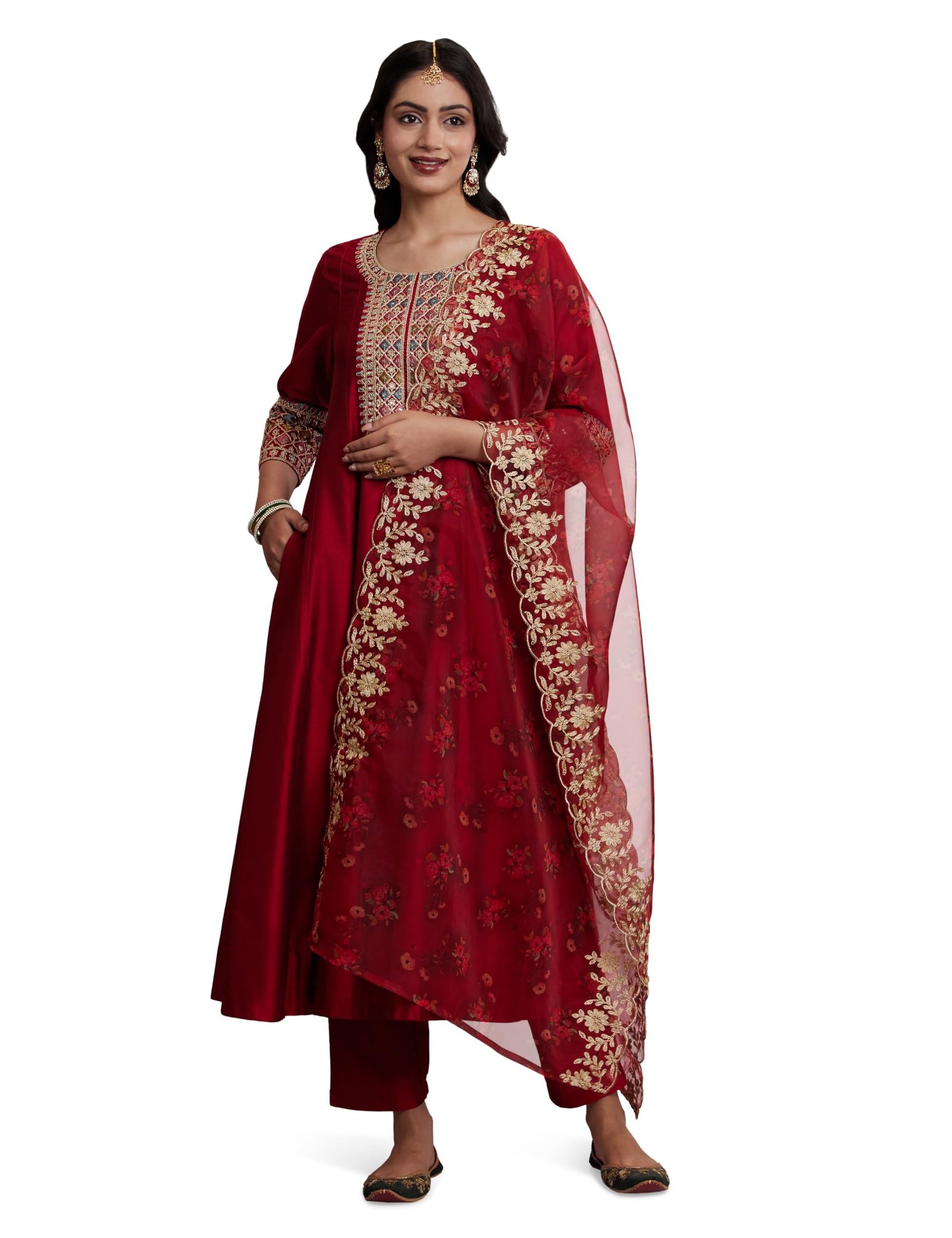 Amazon Brand – Myx Women’s Embroidered Anarkali Kurta Suit Set with Organza Dupatta | A-Line Fit (Available in Plus Sizes)