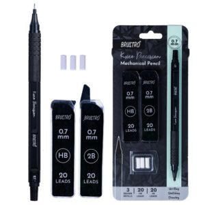BRUSTRO Kuro Precision Mechanical Pencil | Tip Size – 0.7mm With 20 – HB and 20-2B leads, 3 Eraser Refills| Ideal For Writing, Sketching, Drawing, Mandala Arts and Fine Art Students
