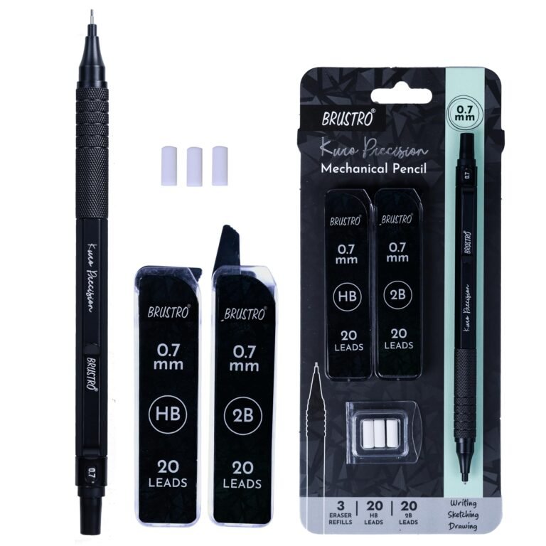 BRUSTRO Kuro Precision Mechanical Pencil | Tip Size – 0.7mm With 20 – HB and 20-2B leads, 3 Eraser Refills| Ideal For Writing, Sketching, Drawing, Mandala Arts and Fine Art Students