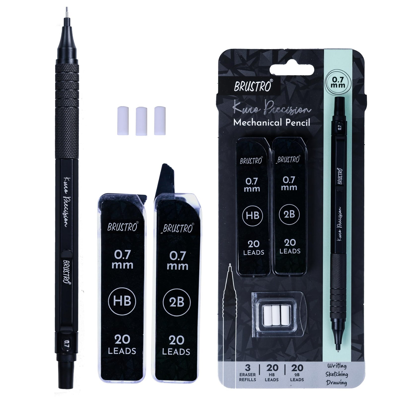 BRUSTRO Kuro Precision Mechanical Pencil | Tip Size – 0.7mm With 20 – HB and 20-2B leads, 3 Eraser Refills| Ideal For Writing, Sketching, Drawing, Mandala Arts and Fine Art Students