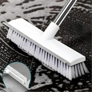 2 in 1 Bathroom Cleaning Brush with Wiper, Long Handle Floor Scrubber Brush with Water Wiper Blade, Heavy Duty Tile & Floor Cleaning Brush, Multipurpose Bathroom Kitchen Floor Cleaner Tool (White)