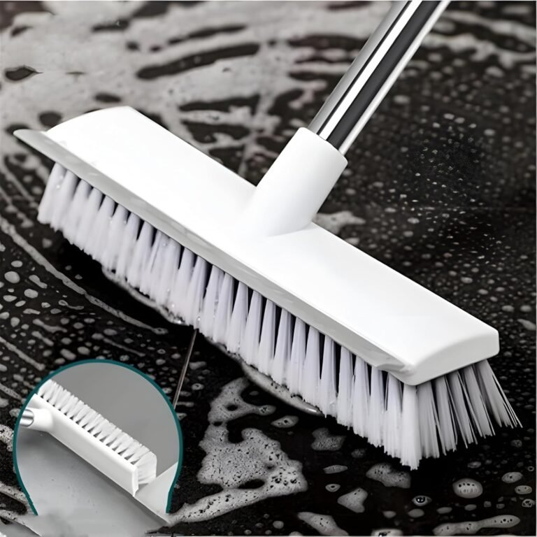 2 in 1 Bathroom Cleaning Brush with Wiper, Long Handle Floor Scrubber Brush with Water Wiper Blade, Heavy Duty Tile & Floor Cleaning Brush, Multipurpose Bathroom Kitchen Floor Cleaner Tool (White)
