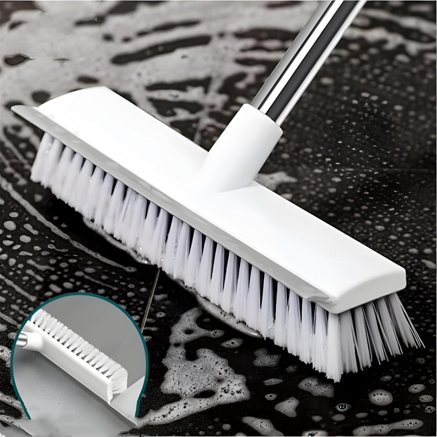 2 in 1 Bathroom Cleaning Brush with Wiper, Long Handle Floor Scrubber Brush with Water Wiper Blade, Heavy Duty Tile & Floor Cleaning Brush, Multipurpose Bathroom Kitchen Floor Cleaner Tool (White)