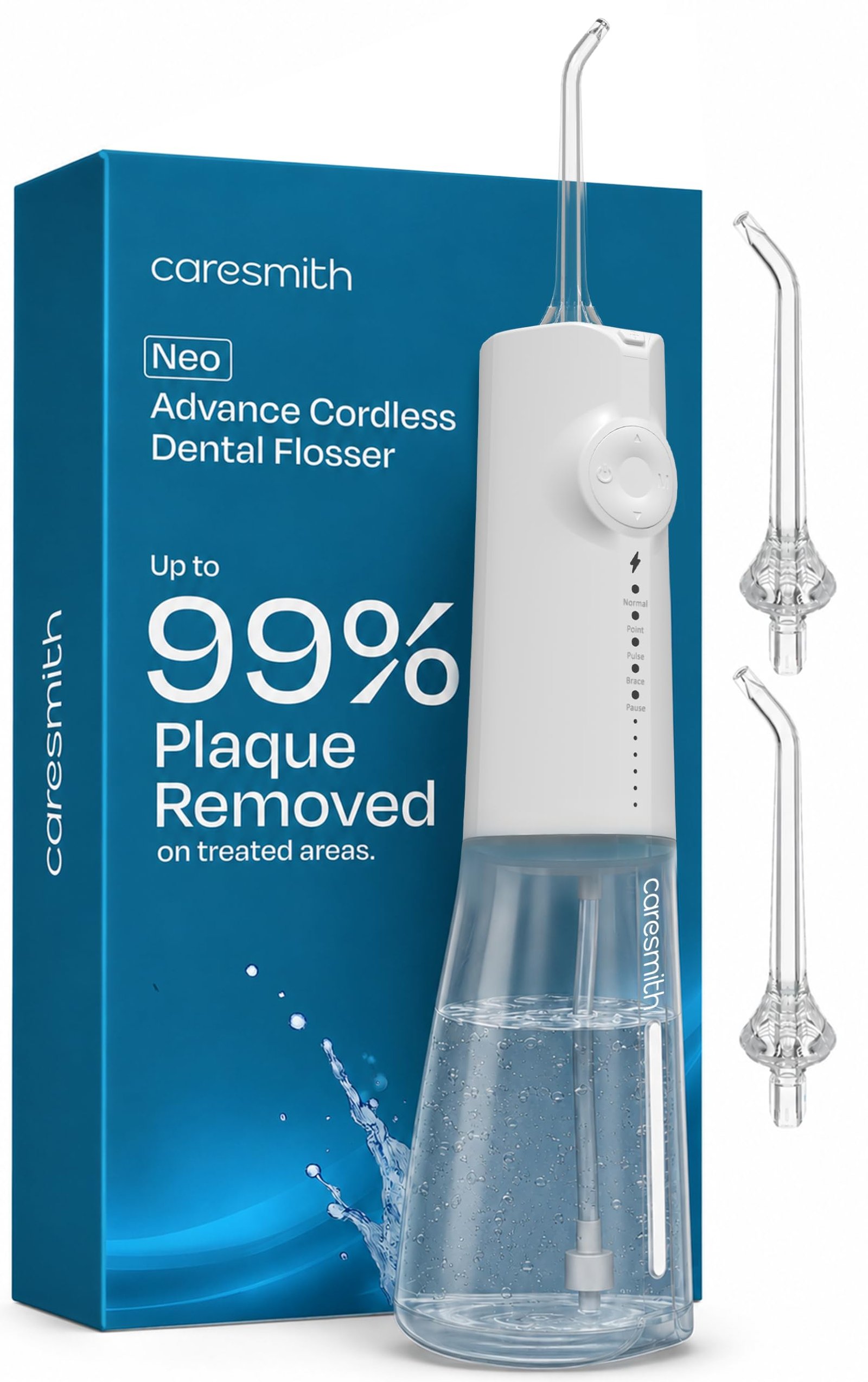 Caresmith Neo Cordless Oral Flosser | 24 Pressure Settings with 5 Modes & 6 Intensities | 300 ml Large Detachable Water Tank | Dental Flosser for teeth | IPX7 Waterproof | 2 Jet Tips Provided (White)