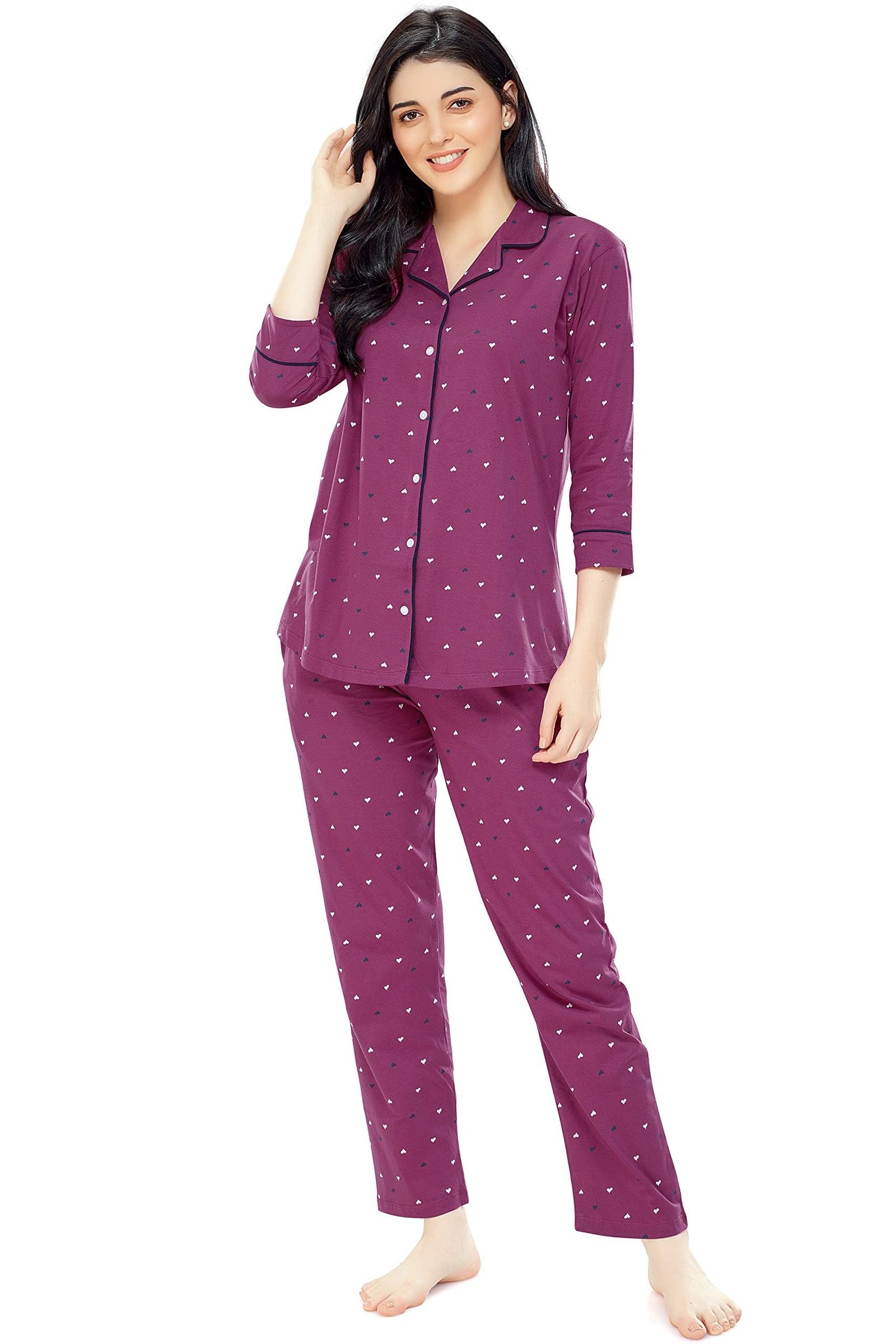ZEYO Women’s Cotton Heart Printed Night Suit Set of Shirt & Pajama Set 5152 (Available in Plus Size)