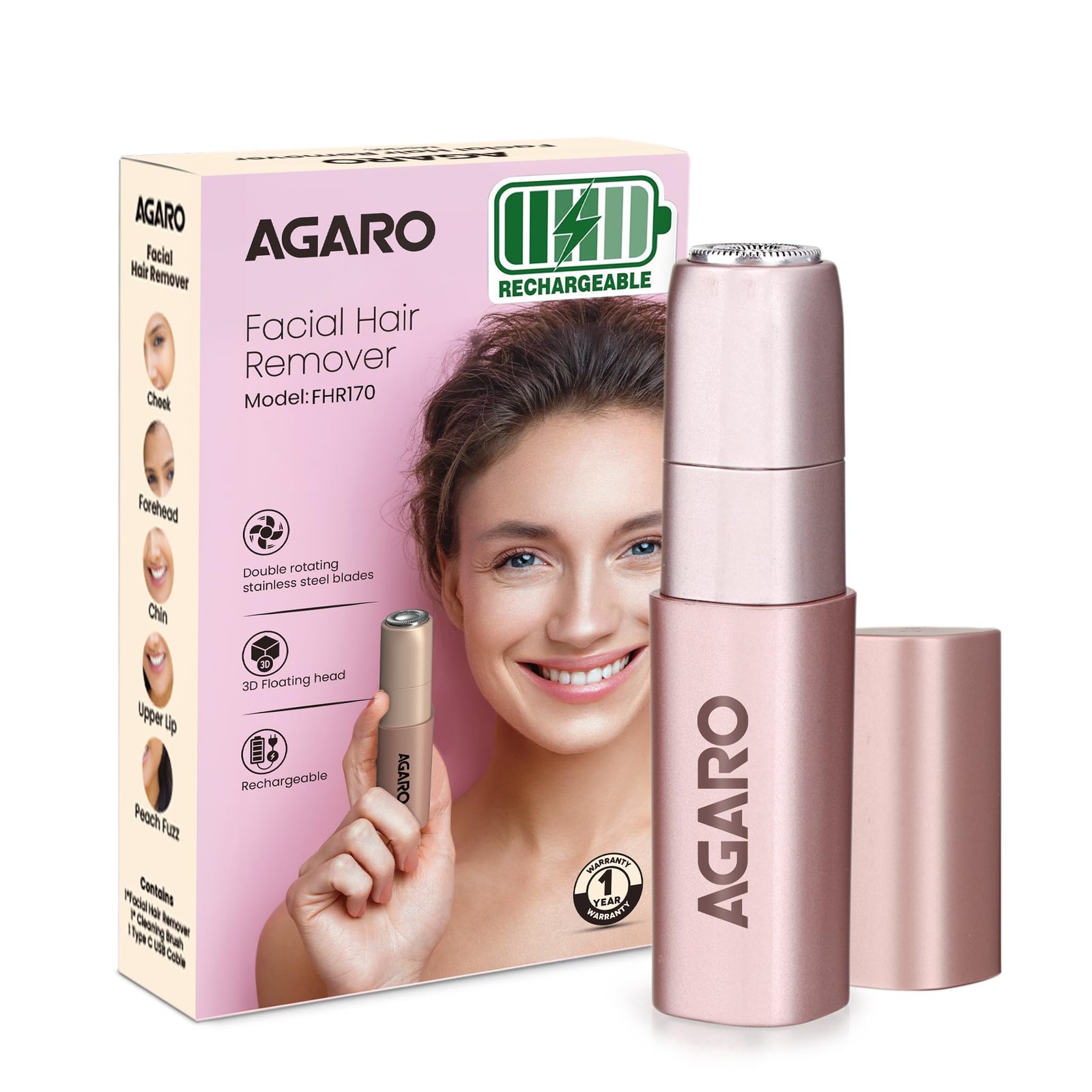 AGARO Facial Hair Removal Machine for Women, Rechargeable, Cordless, Safe & Painless Electric Shaver, Hypoallergenic Blade, Multipurpose Use for Upper Lip, Chin, Cheeks & Forehead, FHR170