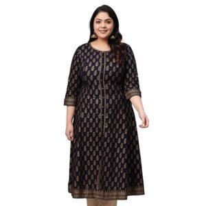 Yash Gallery Women’s Cotton Relaxed Fit Anarkali Plus Size Gold Printed Kurta