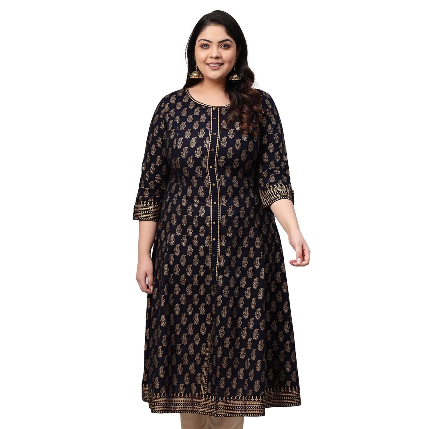 Yash Gallery Women’s Cotton Relaxed Fit Anarkali Plus Size Gold Printed Kurta