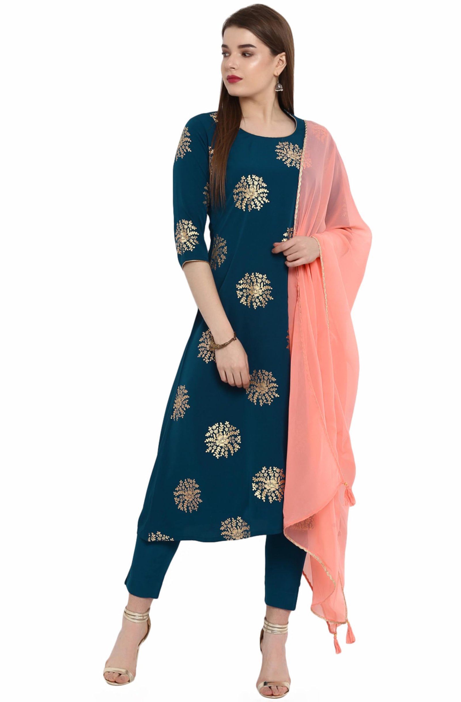 Janasya Women’s Poly Crepe A-Line Kurta With Pant and Dupatta