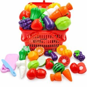 PLUSPOINT 15 Pcs Fruit & Vegetable Cutting Toy Set with Basket | Sliceable Pretend Play Kitchen Toys for Kids | Learning Toy with Knife & Cutting Board for Boys & Girls