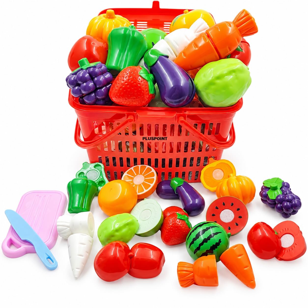PLUSPOINT 15 Pcs Fruit & Vegetable Cutting Toy Set with Basket | Sliceable Pretend Play Kitchen Toys for Kids | Learning Toy with Knife & Cutting Board for Boys & Girls