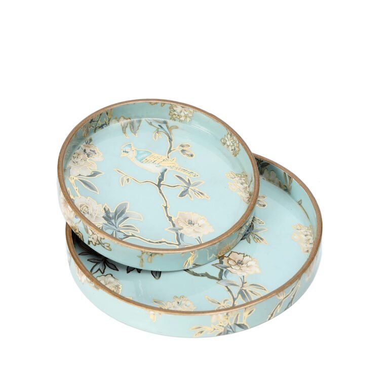DULI Set of 2 MDF Wood Trays Enamel Coated| Round Wooden Serving Trays | Kitchen&Dining Decorative | Resin Tray | Handmade | 7×7 & 9×9 inches (Setof2Round: AquaGoldBirds)