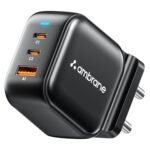 Ambrane 65W Charger Adapter, 3 Ports – 2 Type C & 1 USB for Samsung, Type C Laptops: MacBook, Dell, HP, ASUS, Fast Charger with PD Technology & GaN Technology for All Devices (RAAP G65, Black)