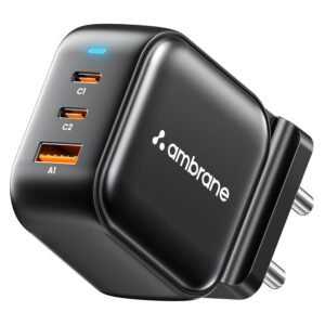 Ambrane 65W Charger Adapter, 3 Ports – 2 Type C & 1 USB for Samsung, Type C Laptops: MacBook, Dell, HP, ASUS, Fast Charger with PD Technology & GaN Technology for All Devices (RAAP G65, Black)