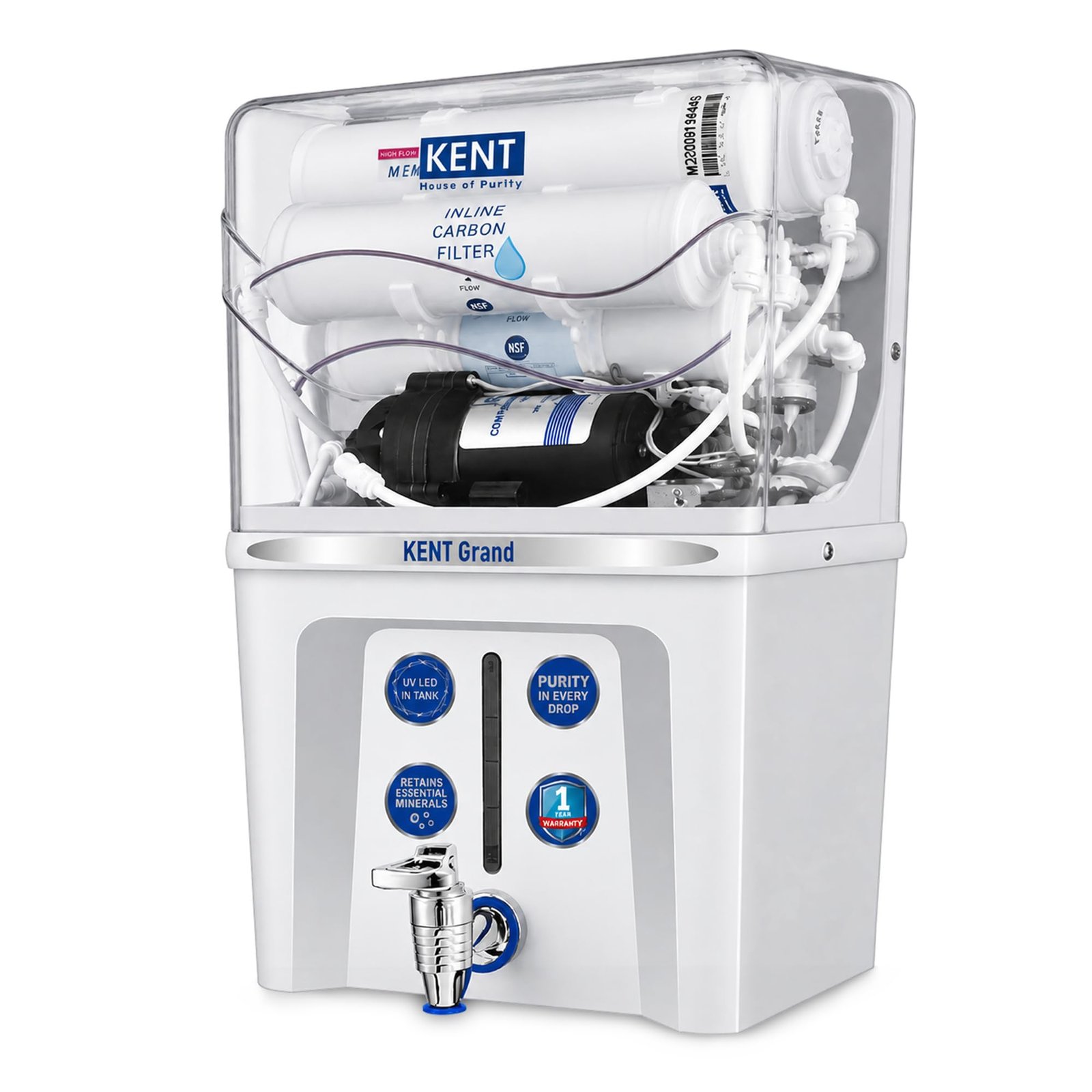 KENT Grand RO Water Purifier | Advanced RO Tech for Sabse Shudh Paani | RO+UF+TDS Control + UV LED Tank| 7.5L| 20LPH Flow|Ideal for Borewell/Tanker/Municipal Water | Largest Service Network |White
