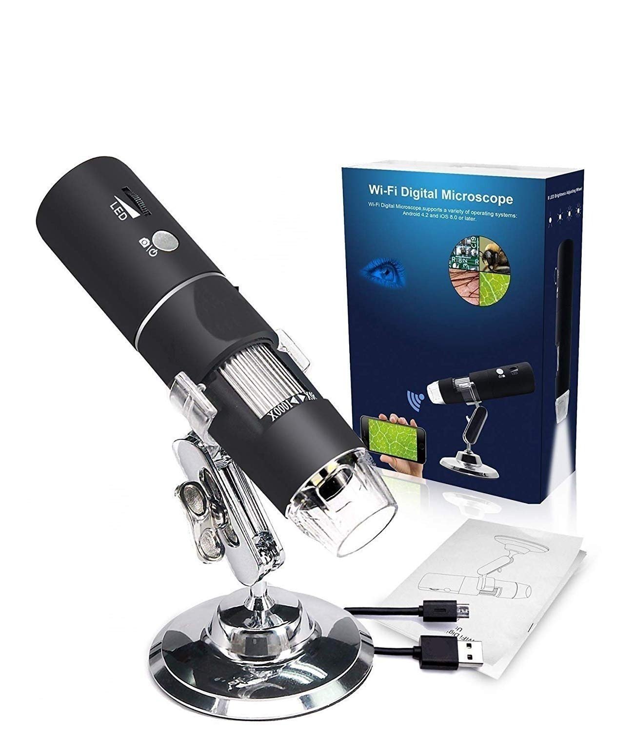 VIBOTON WiFi Digital Microscope,50X-1000X Handheld Digital Zoom Microscope Endoscope Magnifier HD 2MP 8 LED for Android and iOS Smartphone, Tablet, Windows. Laptop/PC Not Supported WiFi (Black)
