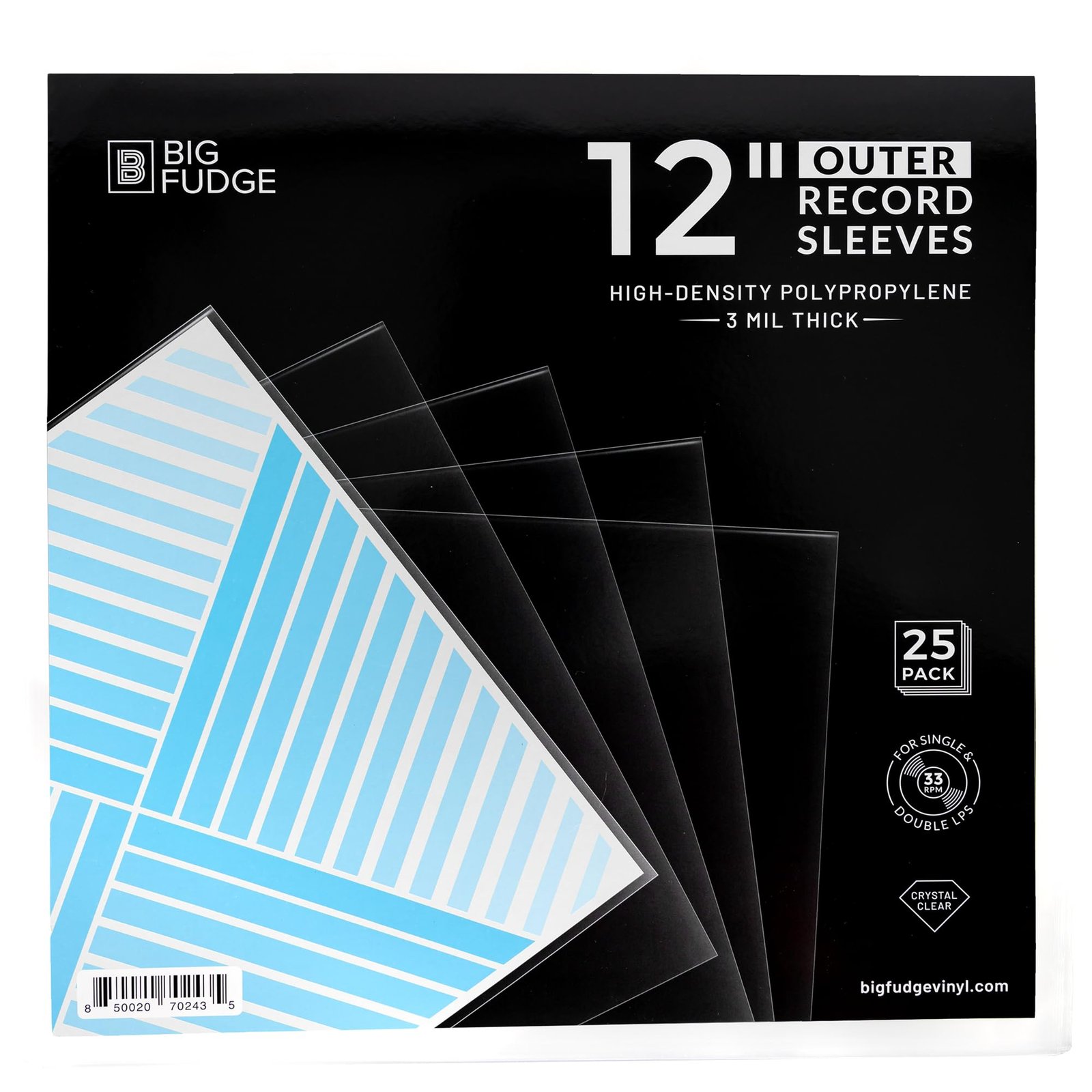 BIG FUDGE Vinyl Record Outer Sleeves – 25x Crystal Clear LP Album Covers in High-Density Polypropylene – Transparent Protective Cover for 12″ Records – 3 mil Thick – Vinyl Record Sleeves