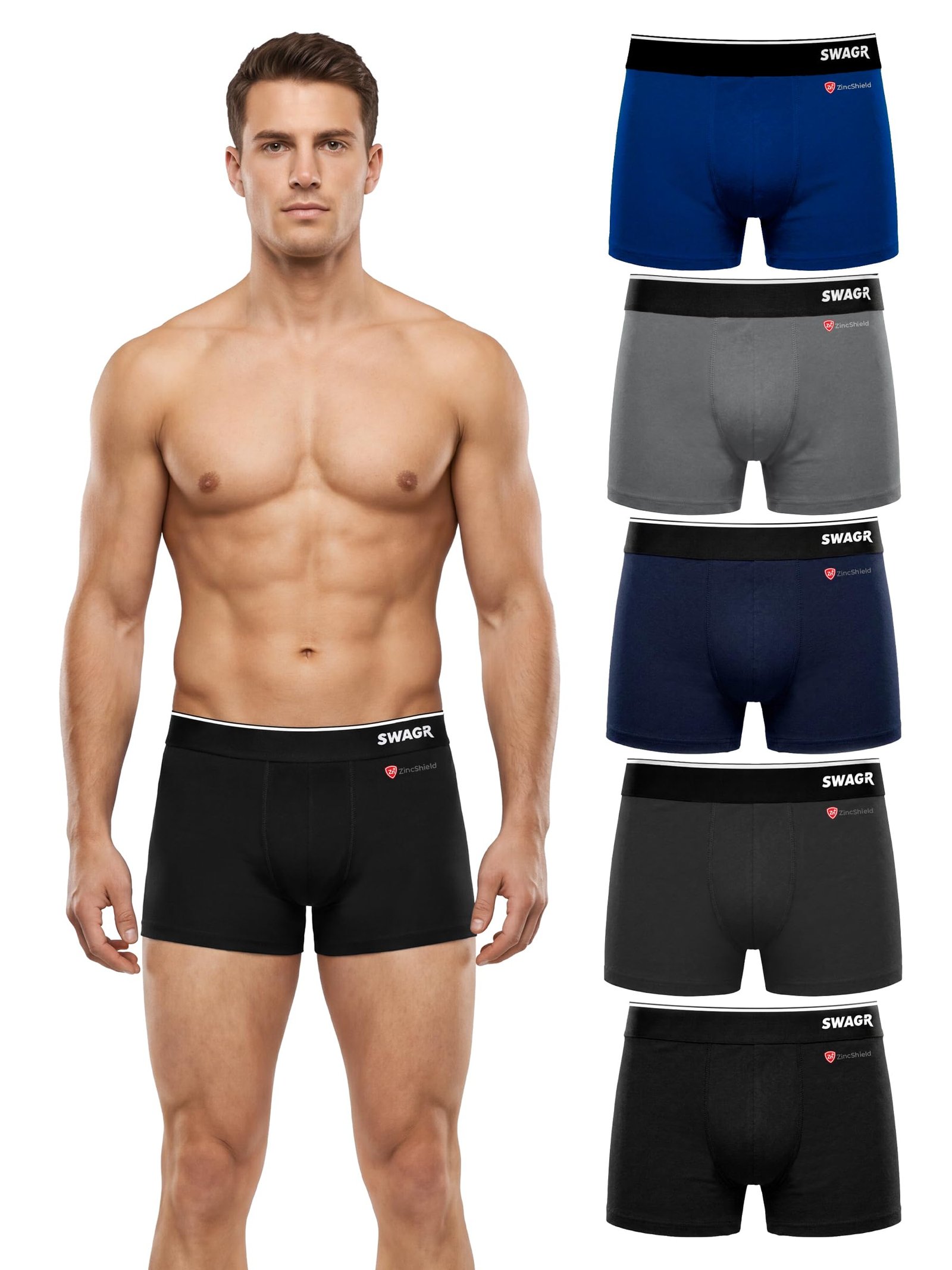 SWAGR 5 Pack Men’s Super Combed Cotton Underwear Trunks | Classic TruComfort Fit | Powered by ZincShield Anti-Bacterial Tech | Aerflo Breathability | 4-Way FlexStretch | SOXCO Style SG05